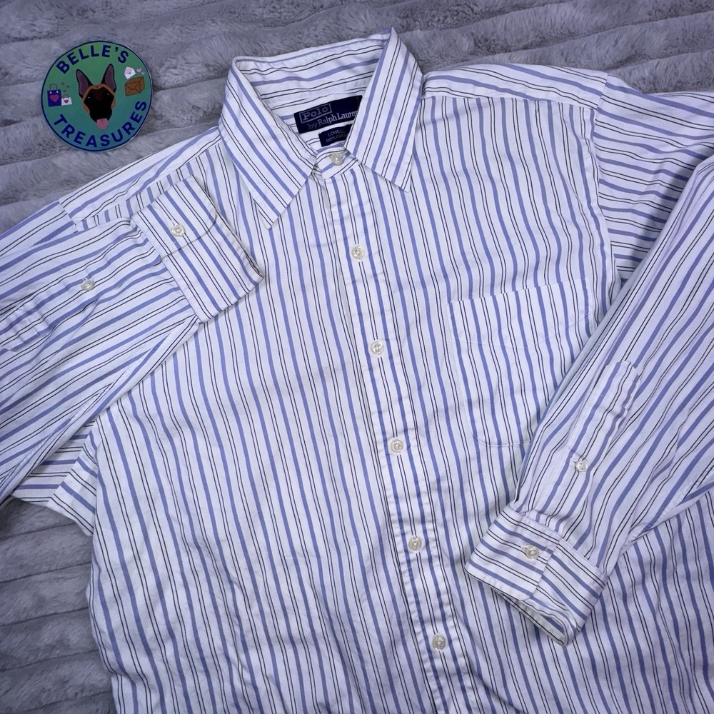 Polo Ralph Lauren Men's Large 16 Lowell Button Down LS White Blue Striped Shirt